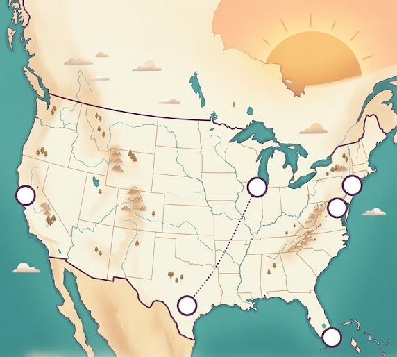 Mapa del viaje de LEETA por Estados Unidos